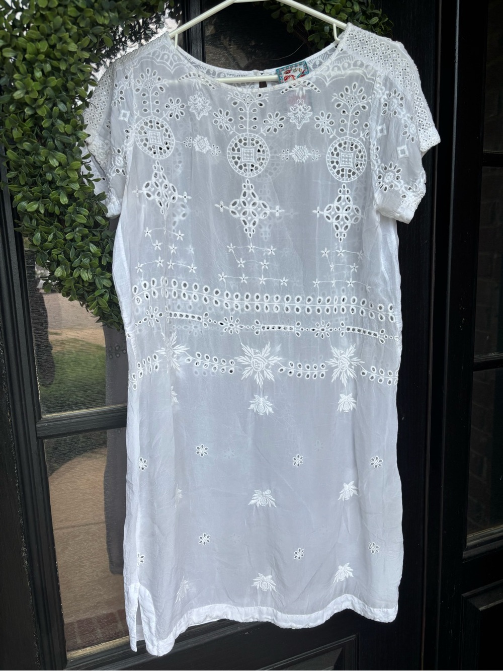 Johnny Was Stormi Sheer White Eyelet Embroidered Short-Sleeve Mini Dress Tunic X